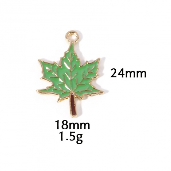 Picture of 10 PCs Zinc Based Alloy Autumn Fall Style Charms Gold Plated Green Leaf Enamel 24mm x 18mm