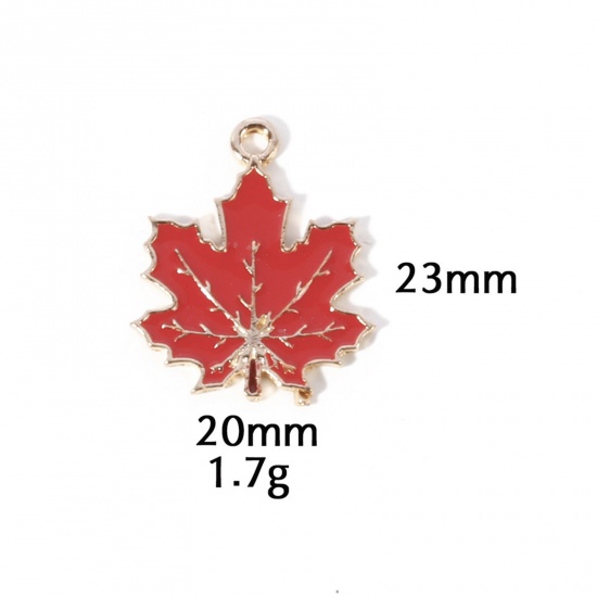 Picture of 10 PCs Zinc Based Alloy Autumn Fall Style Charms Gold Plated Wine Red Leaf Enamel 23mm x 20mm