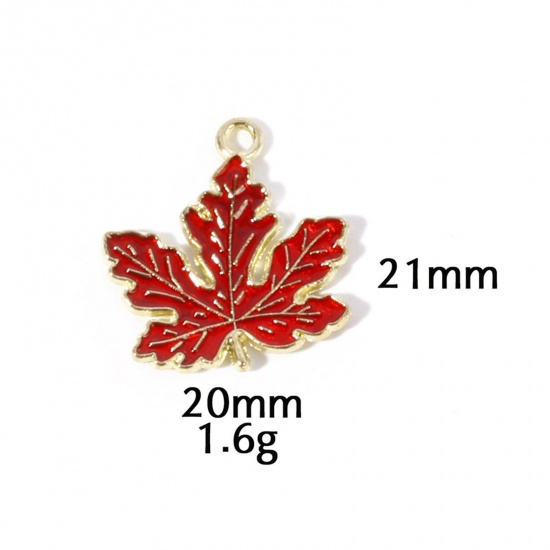 Picture of 10 PCs Zinc Based Alloy Autumn Fall Style Charms Gold Plated Dark Red Leaf Enamel 21mm x 20mm