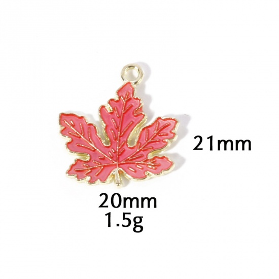 Picture of 10 PCs Zinc Based Alloy Autumn Fall Style Charms Gold Plated Pink Leaf Enamel 21mm x 20mm