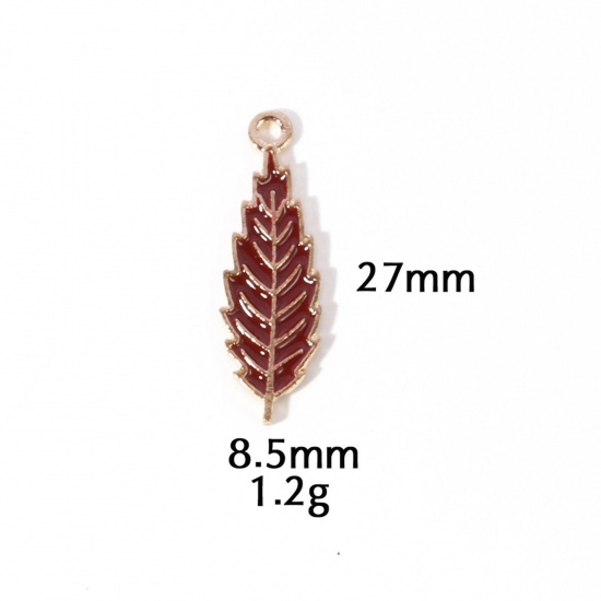 Picture of 10 PCs Zinc Based Alloy Autumn Fall Style Charms Gold Plated Wine Red Leaf Enamel 27mm x 8.5mm