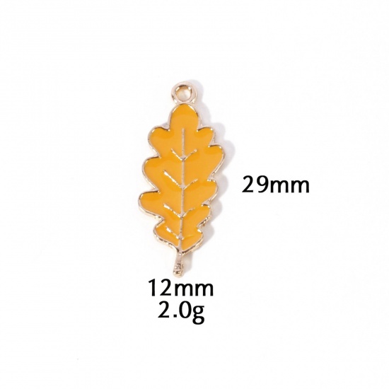 Picture of 10 PCs Zinc Based Alloy Autumn Fall Style Charms Gold Plated Yellow Leaf Enamel 29mm x 12mm