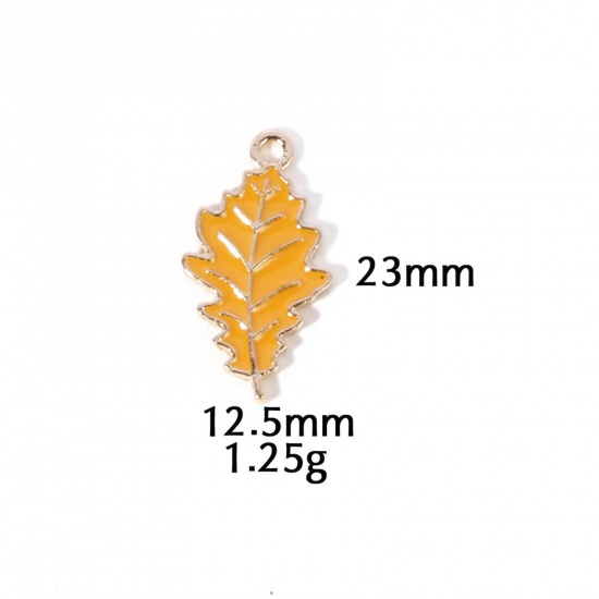 Picture of 10 PCs Zinc Based Alloy Autumn Fall Style Charms Gold Plated Yellow Leaf Enamel 23mm x 12.5mm