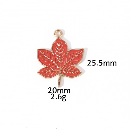 Picture of 10 PCs Zinc Based Alloy Autumn Fall Style Charms Gold Plated Orange-red Leaf Enamel 25.5mm x 20mm