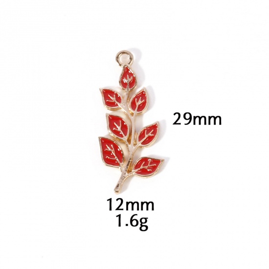 Picture of 10 PCs Zinc Based Alloy Autumn Fall Style Charms Gold Plated Orange-red Leaf Enamel 29mm x 12mm