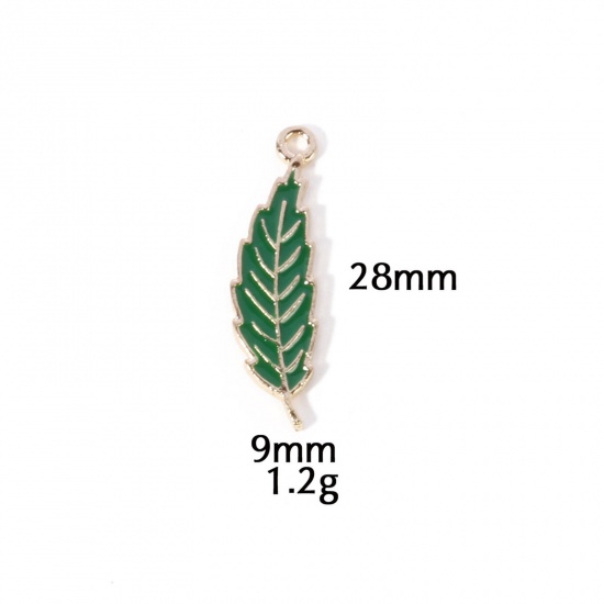 Picture of 10 PCs Zinc Based Alloy Autumn Fall Style Charms Gold Plated Green Leaf Enamel 28mm x 9mm