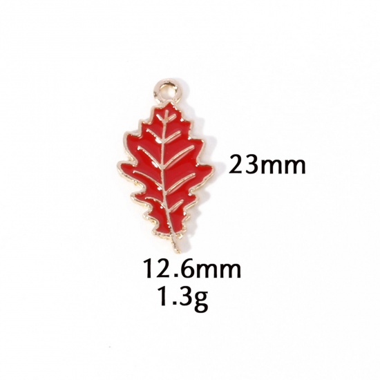 Picture of 10 PCs Zinc Based Alloy Autumn Fall Style Charms Gold Plated Red Leaf Enamel 23mm x 12.6mm