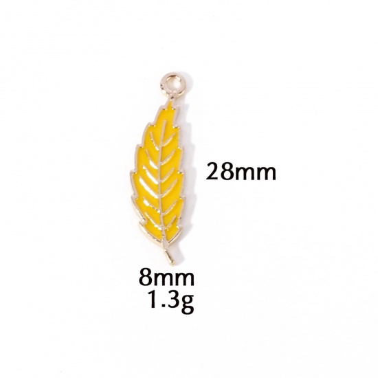 Picture of 10 PCs Zinc Based Alloy Autumn Fall Style Charms Gold Plated Yellow Leaf Enamel 28mm x 8mm