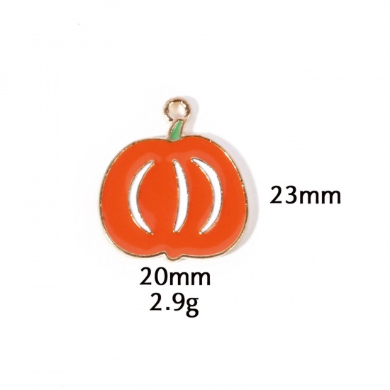 Picture of 10 PCs Zinc Based Alloy Autumn Fall Style Halloween Charms Gold Plated Orange Pumpkin Enamel 23mm x 20mm