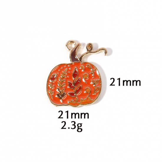 Picture of 10 PCs Zinc Based Alloy Autumn Fall Style Halloween Charms Gold Plated Orange Pumpkin Enamel 21mm x 21mm