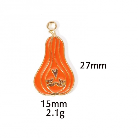 Picture of 10 PCs Zinc Based Alloy Autumn Fall Style Halloween Charms Gold Plated Orange Pumpkin Enamel 27mm x 15mm