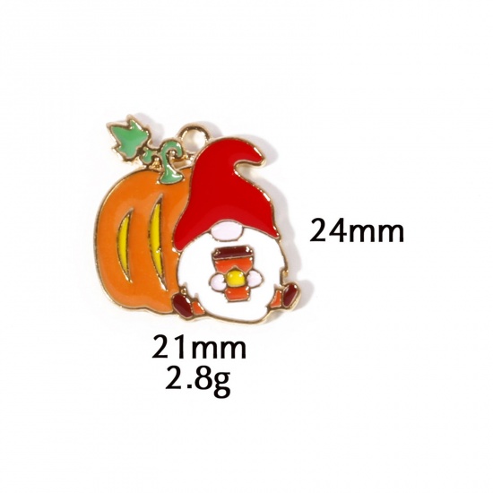 Picture of 10 PCs Zinc Based Alloy Autumn Fall Style Halloween Charms Gold Plated Orange Pumpkin Christmas Santa Claus Enamel 24mm x 21mm