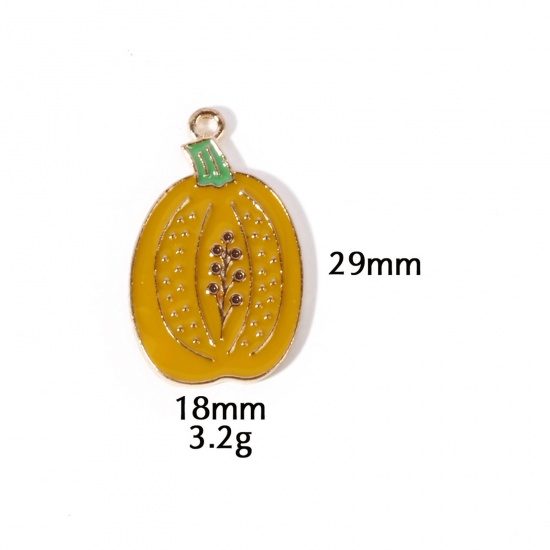 Picture of 10 PCs Zinc Based Alloy Autumn Fall Style Halloween Charms Gold Plated Yellow Pumpkin Enamel 29mm x 18mm