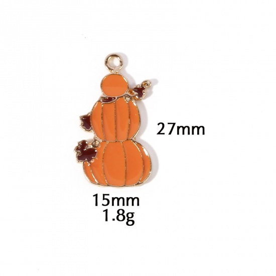 Picture of 10 PCs Zinc Based Alloy Autumn Fall Style Halloween Charms Gold Plated Orange Pumpkin Enamel 27mm x 15mm