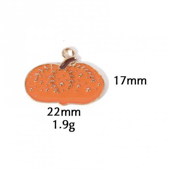 Picture of 10 PCs Zinc Based Alloy Autumn Fall Style Halloween Charms Gold Plated Orange Pumpkin Enamel 22mm x 17mm