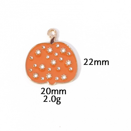 Picture of 10 PCs Zinc Based Alloy Autumn Fall Style Halloween Charms Gold Plated Orange Pumpkin Enamel 22mm x 20mm