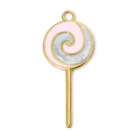 Picture of 1 Piece Eco-friendly Vacuum Plating 304 Stainless Steel Pendants Gold Plated Lollipop Enamel 36.5mm x 15.5mm