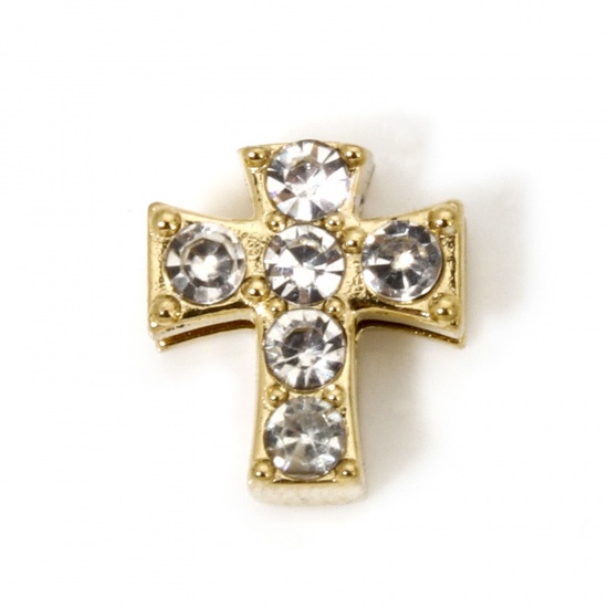 Picture of 1 Piece Eco-friendly Vacuum Plating 304 Stainless Steel Charmes Gold Plated Cross Clear Rhinestone 9mm x 8mm