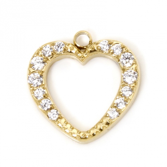 Picture of 1 Piece Eco-friendly Vacuum Plating 304 Stainless Steel Charmes Gold Plated Heart Clear Rhinestone 11mm x 11mm