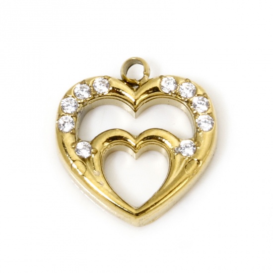 Picture of 1 Piece Eco-friendly Vacuum Plating 304 Stainless Steel Charmes Gold Plated Heart Clear Rhinestone 11mm x 10.5mm