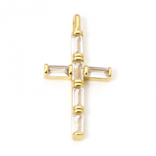 Bild von 1 Stück Umweltfreundlich Messing Religiös Charms 18K Echtgold plattiert Kreuz Klar Zirkonia 24mm x 12mm