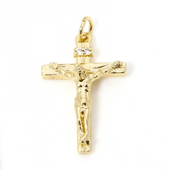 Bild von 1 Stück Umweltfreundlich Messing Religiös Charms 18K Echtgold plattiert Kreuz Jesus 27mm x 15mm