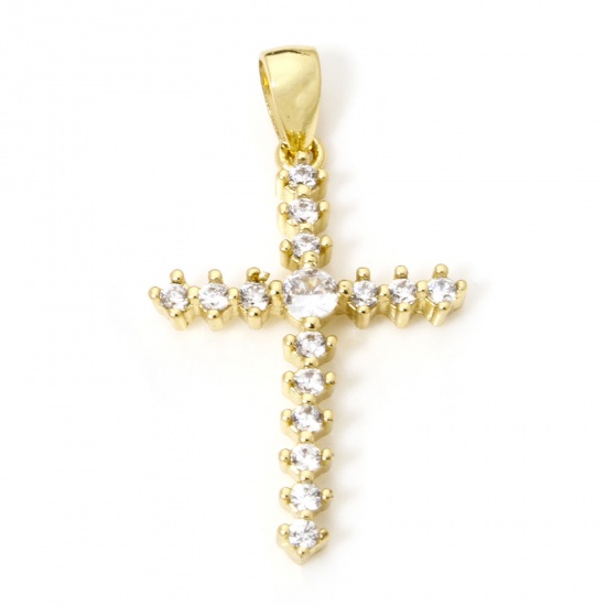 Bild von 1 Stück Umweltfreundlich Messing Religiös Charms 18K Echtgold plattiert Kreuz Micro Pave Klar Zirkonia 27mm x 16mm