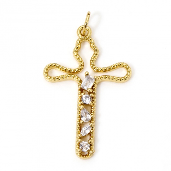 Bild von 1 Stück Umweltfreundlich Messing Religiös Anhänger 18K Echtgold plattiert Kreuz Hohl Klar Zirkonia 3.2cm x 1.8cm