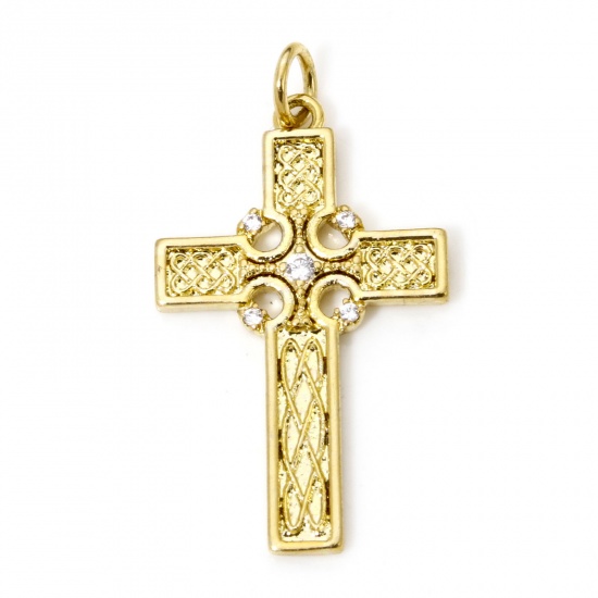 Bild von 1 Stück Umweltfreundlich Messing Religiös Anhänger 18K Echtgold plattiert Kreuz Hohl Klar Zirkonia 3.1cm x 1.7cm