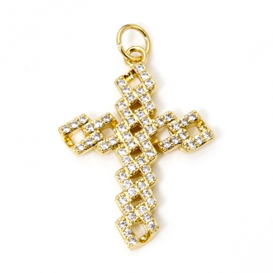 Bild von 1 Stück Umweltfreundlich Messing Religiös Anhänger 18K Echtgold plattiert Kreuz Hohl Klar Zirkonia 3cm x 1.9cm