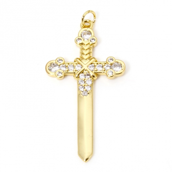 Bild von 1 Stück Umweltfreundlich Messing Religiös Anhänger 18K Echtgold plattiert Kreuz Klar Zirkonia 4.4cm x 2.1cm