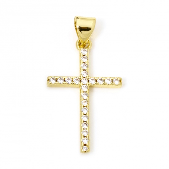 Bild von 1 Stück Umweltfreundlich Messing Religiös Charm-Anhänger 18K Echtgold plattiert Kreuz Micro Pave Klar Zirkonia 28mm x 14mm