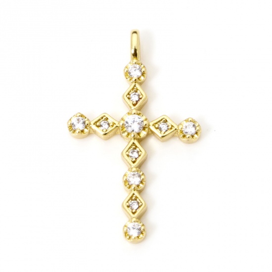 Bild von 1 Stück Umweltfreundlich Messing Religiös Charms 18K Echtgold plattiert Kreuz Micro Pave Klar Zirkonia 23mm x 14mm