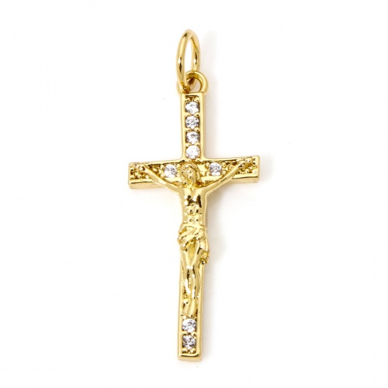 Bild von 1 Stück Umweltfreundlich Messing Religiös Charms 18K Echtgold plattiert Kreuz Jesus Klar Zirkonia 27mm x 11mm