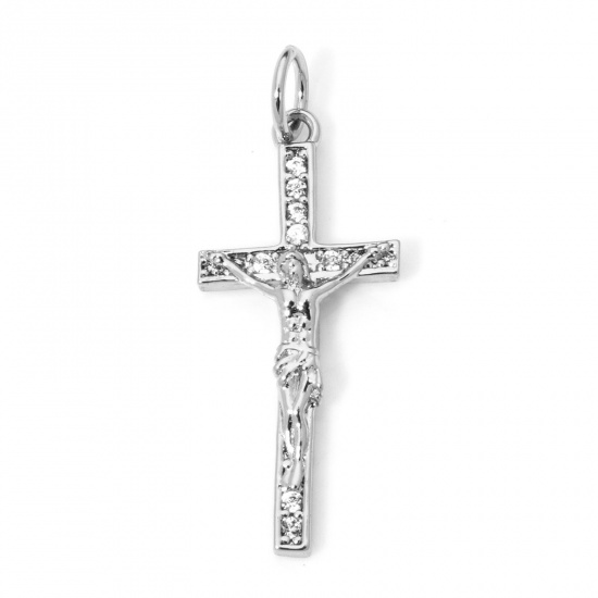 Bild von 1 Stück Umweltfreundlich Messing Religiös Charms Echt Platin plattiert Kreuz Jesus Klar Zirkonia 27mm x 11mm