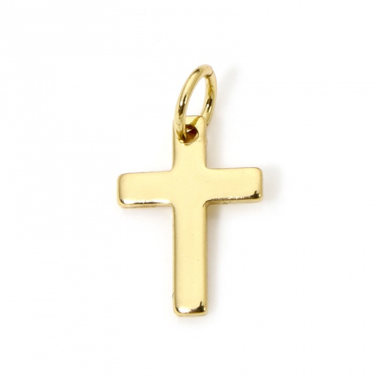 Picture of 2 PCs Eco-friendly Brass Religious Charms 18K Real Gold Plated Cross Smooth Blank 16mm x 9mm