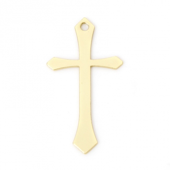 Picture of 2 PCs Eco-friendly Brass Religious Charms 18K Real Gold Plated Cross Smooth Blank 24.5mm x 13mm