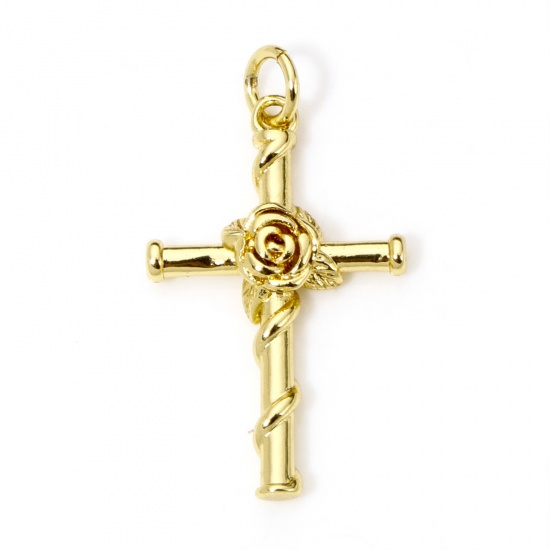 Picture of 1 Piece Eco-friendly Brass Religious Charms 18K Real Gold Plated Cross Rose Flower 28.5mm x 15.5mm