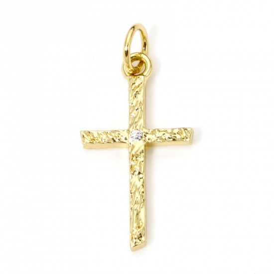 Picture of 1 Piece Eco-friendly Brass Religious Charms 18K Real Gold Plated Cross Texture Clear Cubic Zirconia 23.5mm x 11mm