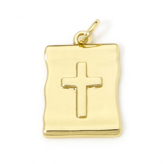 Picture of 1 Piece Eco-friendly Brass Religious Charms 18K Real Gold Plated Cross Rectangle 22mm x 13mm