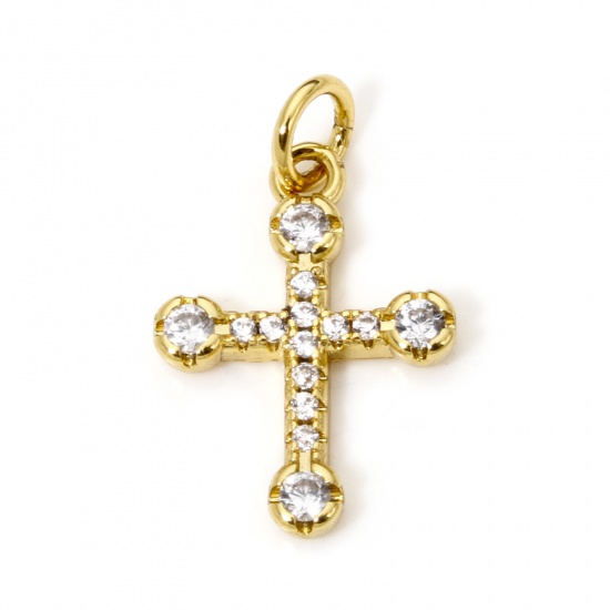 Picture of 1 Piece Eco-friendly Brass Religious Charms 18K Real Gold Plated Cross Micro Pave Clear Cubic Zirconia 20mm x 12mm