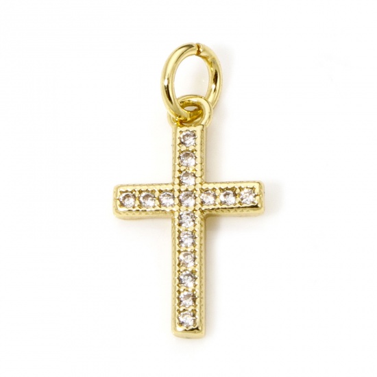 Picture of 1 Piece Eco-friendly Brass Religious Charms 18K Real Gold Plated Cross Micro Pave Clear Cubic Zirconia 19mm x 9mm