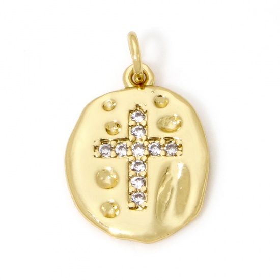 Picture of 1 Piece Eco-friendly Brass Religious Charms 18K Real Gold Plated Cross Oval Clear Cubic Zirconia 17mm x 11mm