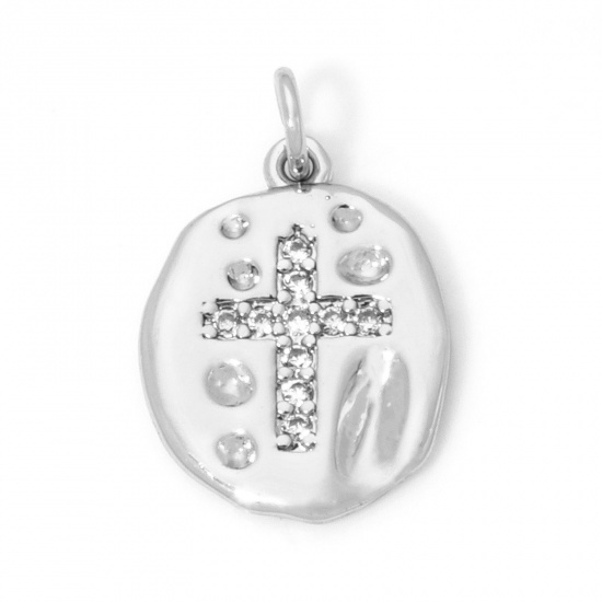 Picture of 1 Piece Eco-friendly Brass Religious Charms Real Platinum Plated Cross Oval Clear Cubic Zirconia 17mm x 11mm