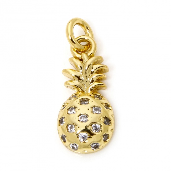 Immagine di 1 Pz Ecologico Ottone Micro Intarsio Ciondoli Ananas 18K Vero Oro Placcato Trasparente Cubic Zirconiae 16mm x 6mm