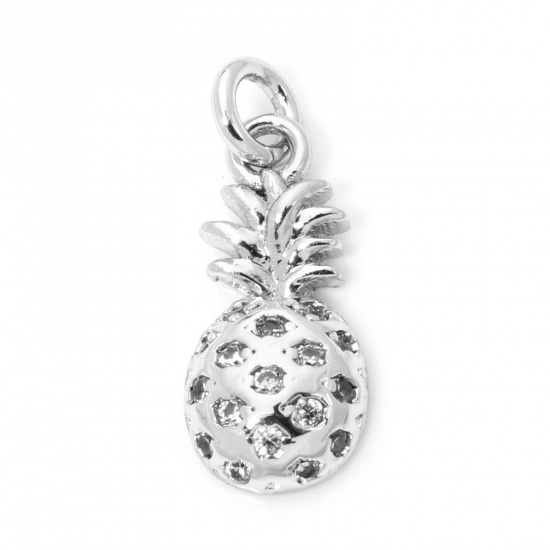 Immagine di 1 Pz Ecologico Ottone Micro Intarsio Ciondoli Ananas Vero Platino Placcato Trasparente Cubic Zirconiae 16mm x 6mm