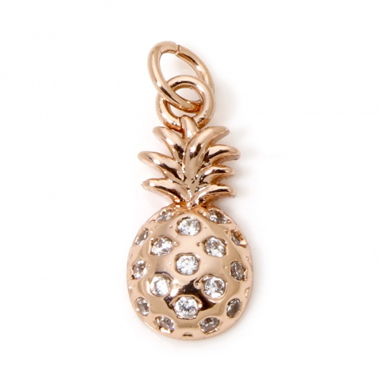 Immagine di 1 Pz Ecologico Ottone Micro Intarsio Ciondoli Ananas Vero Oro Rosa Placcato Trasparente Cubic Zirconiae 16mm x 6mm