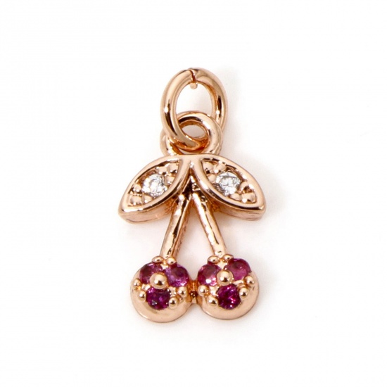 Immagine di 1 Pz Ecologico Ottone Micro Intarsio Ciondoli Ciliegia Vero Oro Rosa Placcato Trasparente & Rosso Cubic Zirconiae 13mm x 7mm