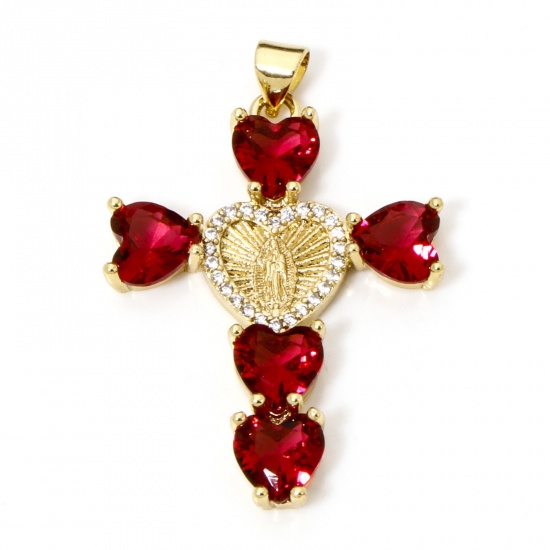 Immagine di 1 Pz Ecologico Ottone Religione Ciondoli Pendenti Croce 18K Vero Oro Placcato Vergine Maria Micro Spianare Trasparente Cubic Zirconiae Rosso Strass 4cm x 2.7cm