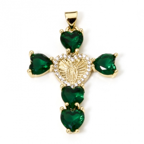 Immagine di 1 Pz Ecologico Ottone Religione Ciondoli Pendenti Croce 18K Vero Oro Placcato Vergine Maria Micro Spianare Trasparente Cubic Zirconiae Verde Strass 4cm x 2.7cm